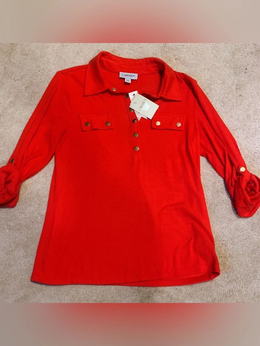 NWT Carmen Marc Valvo Red Collared Knit Top with Gold Buttons